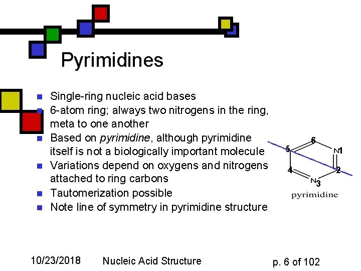 Pyrimidines n n n Single-ring nucleic acid bases 6 -atom ring; always two nitrogens