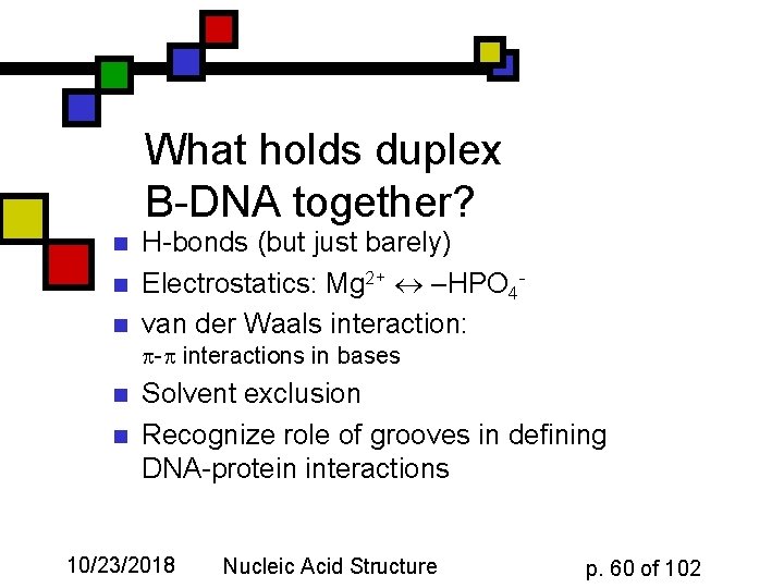 What holds duplex B-DNA together? n n n H-bonds (but just barely) Electrostatics: Mg