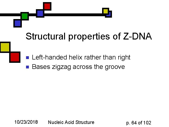 Structural properties of Z-DNA n n Left-handed helix rather than right Bases zigzag across