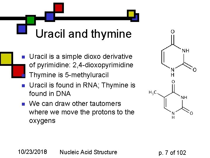 Uracil and thymine n n Uracil is a simple dioxo derivative of pyrimidine: 2, Uracil and thymine n n Uracil is a simple dioxo derivative of pyrimidine: 2,