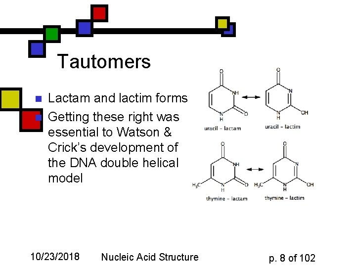 Tautomers n n Lactam and lactim forms Getting these right was essential to Watson