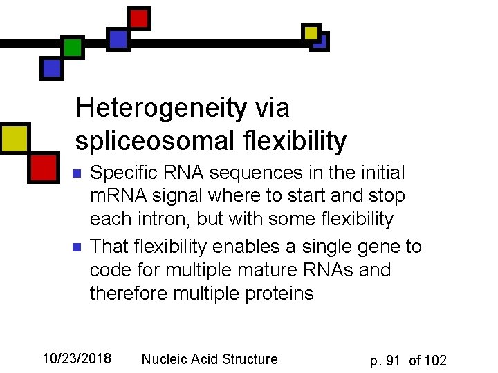 Heterogeneity via spliceosomal flexibility n n Specific RNA sequences in the initial m. RNA