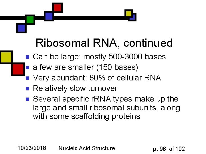 Ribosomal RNA, continued n n n Can be large: mostly 500 -3000 bases a