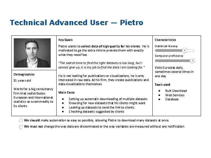 Technical Advanced User — Pietro Key Goals Characteristics Pietro wants to collect data of