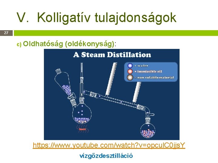 V. Kolligatív tulajdonságok 27 c) Oldhatóság (oldékonyság): https: //www. youtube. com/watch? v=opcul. C 0