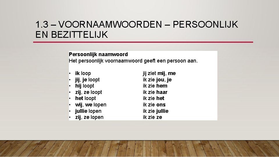 1. 3 – VOORNAAMWOORDEN – PERSOONLIJK EN BEZITTELIJK Persoonlijk naamwoord Het persoonlijk voornaamwoord geeft