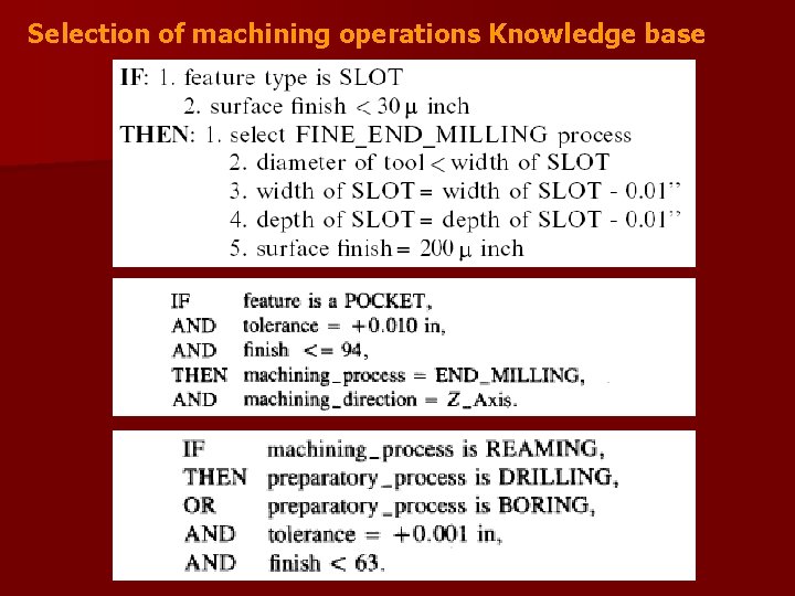 Selection of machining operations Knowledge base 