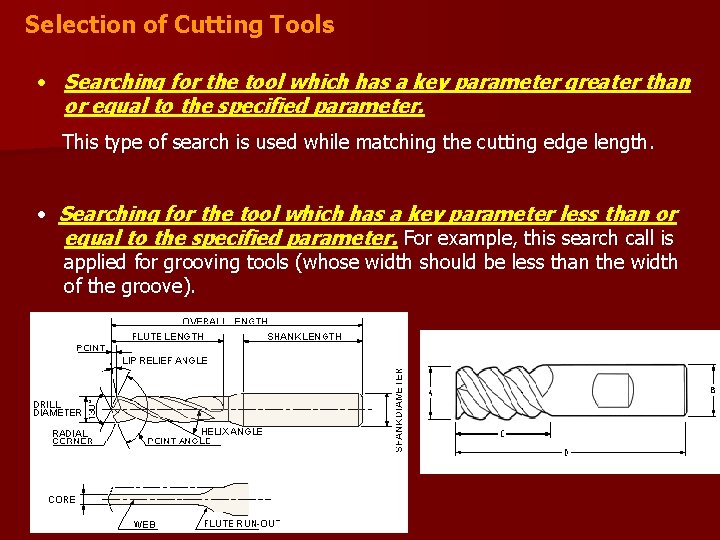 Selection of Cutting Tools • Searching for the tool which has a key parameter