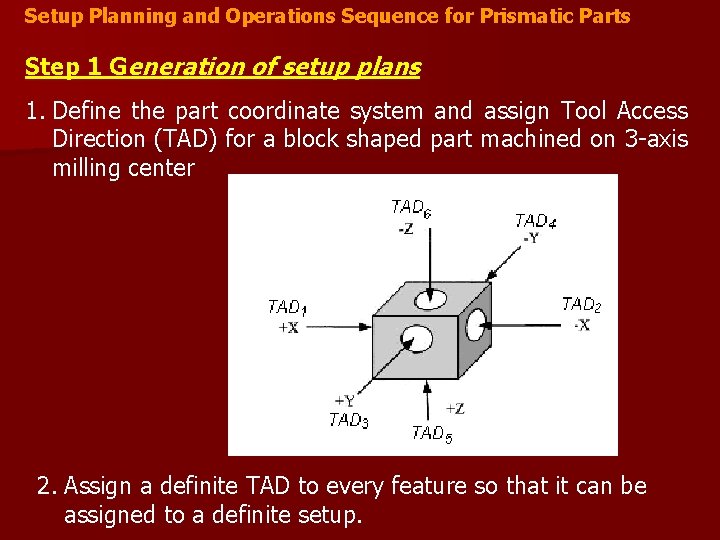 Setup Planning and Operations Sequence for Prismatic Parts Step 1 Generation of setup plans