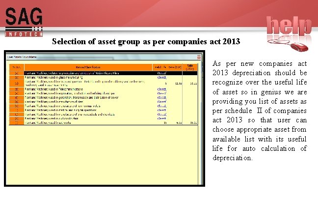 Selection of asset group as per companies act 2013 As per new companies act