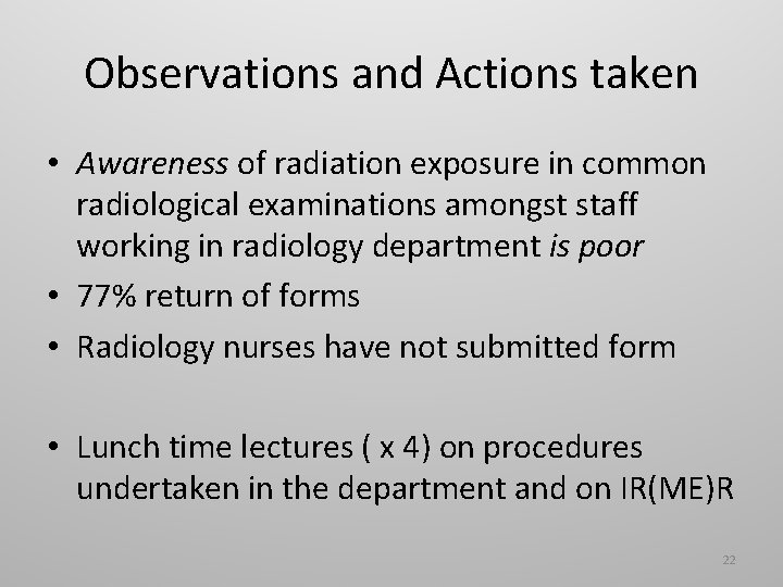 Observations and Actions taken • Awareness of radiation exposure in common radiological examinations amongst