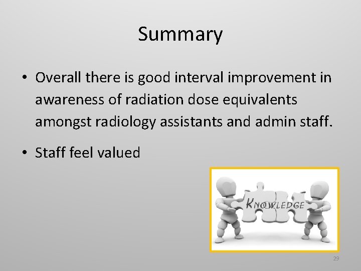 Summary • Overall there is good interval improvement in awareness of radiation dose equivalents