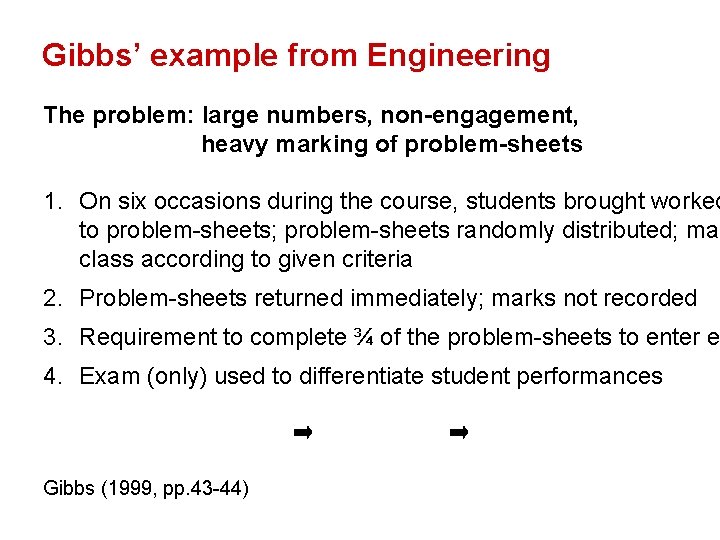 Gibbs’ example from Engineering The problem: large numbers, non-engagement, heavy marking of problem-sheets 1.