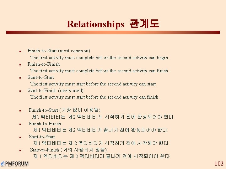 Relationships 관계도 n n n n Finish-to-Start (most common) The first activity must complete