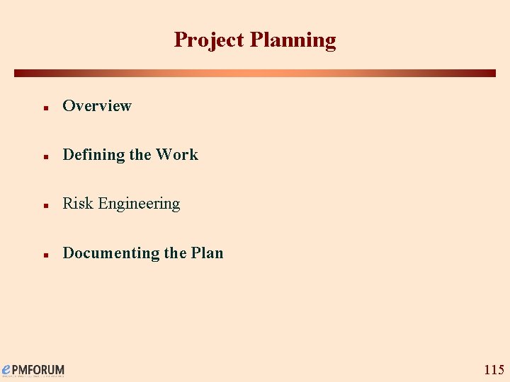 Project Planning n Overview n Defining the Work n Risk Engineering n Documenting the