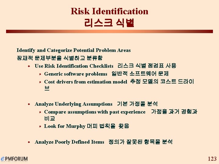 Risk Identification 리스크 식별 Identify and Categorize Potential Problem Areas 잠재적 문제부분을 식별하고 분류함