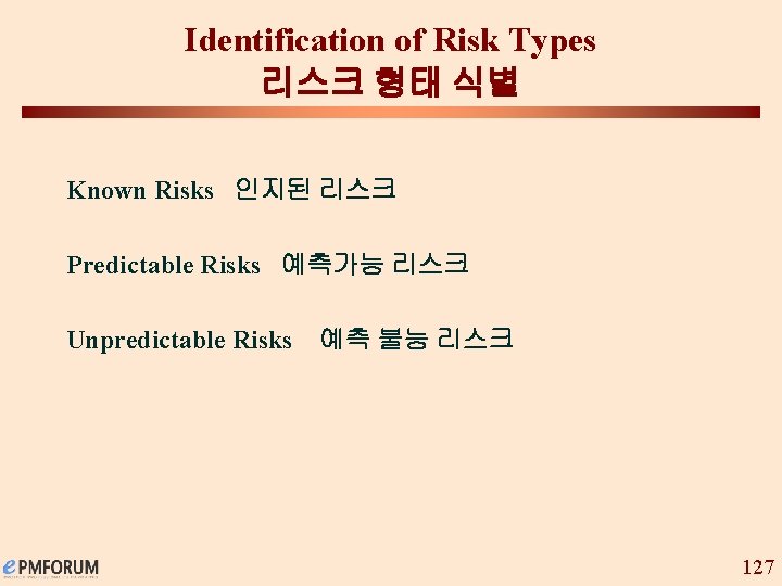 Identification of Risk Types 리스크 형태 식별 Known Risks 인지된 리스크 Predictable Risks 예측가능