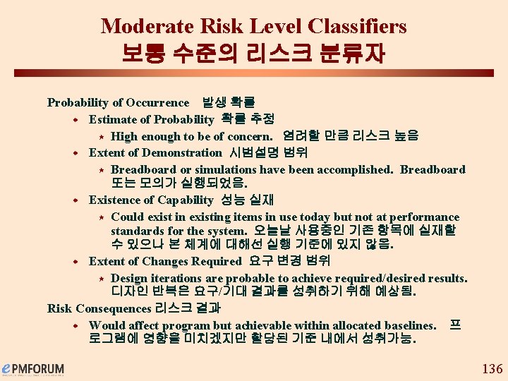 Moderate Risk Level Classifiers 보통 수준의 리스크 분류자 Probability of Occurrence 발생 확률 w