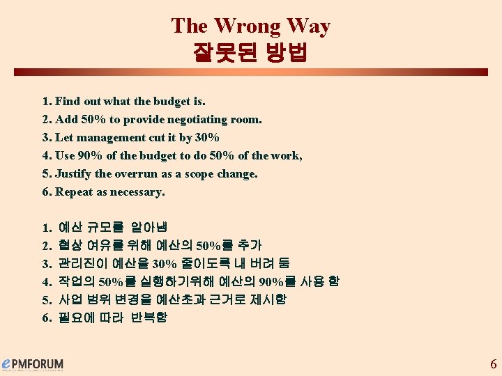 The Wrong Way 잘못된 방법 1. Find out what the budget is. 2. Add