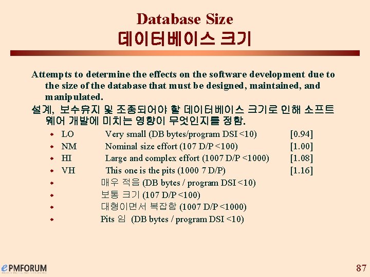 Database Size 데이터베이스 크기 Attempts to determine the effects on the software development due