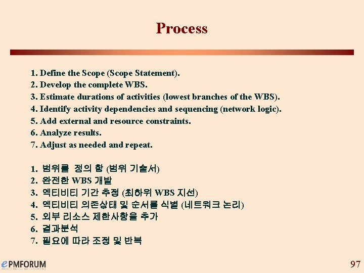 Process 1. Define the Scope (Scope Statement). 2. Develop the complete WBS. 3. Estimate