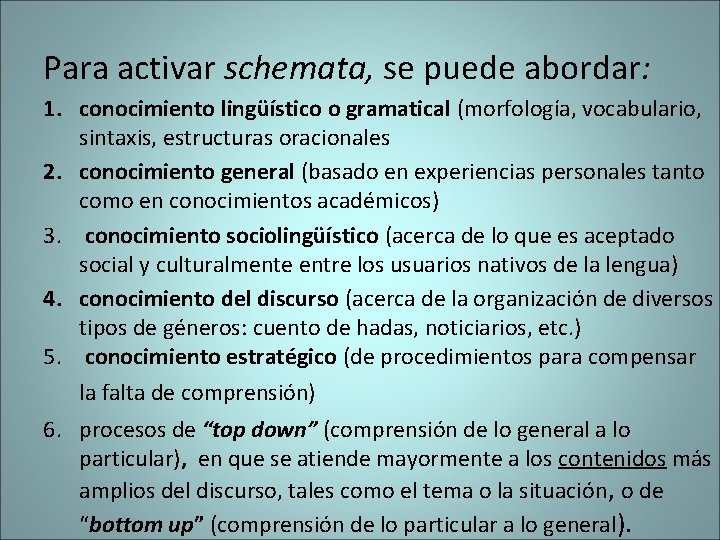 Para activar schemata, se puede abordar: 1. conocimiento lingüístico o gramatical (morfología, vocabulario, sintaxis, Para activar schemata, se puede abordar: 1. conocimiento lingüístico o gramatical (morfología, vocabulario, sintaxis,