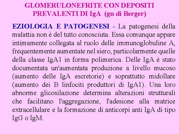 GLOMERULONEFRITE CON DEPOSITI PREVALENTI DI Ig. A (gn di Berger) EZIOLOGIA E PATOGENESI -