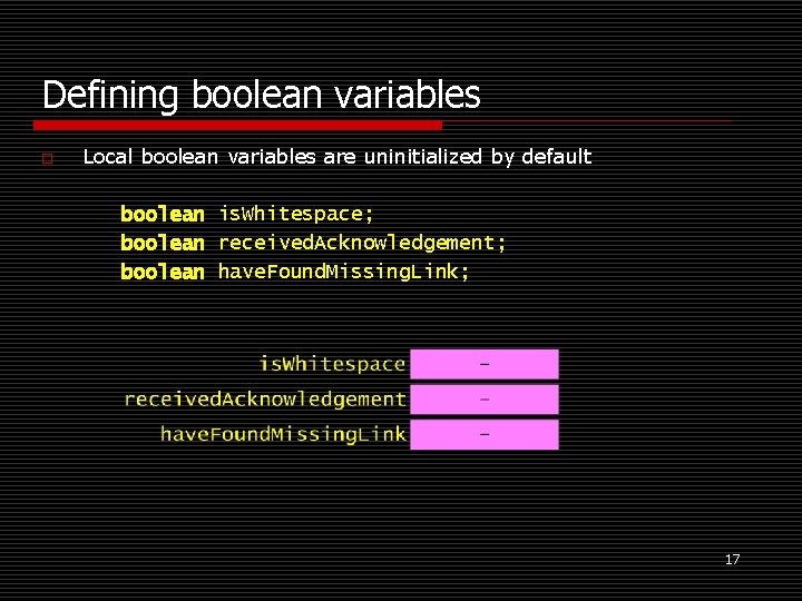 Defining boolean variables o Local boolean variables are uninitialized by default boolean is. Whitespace;