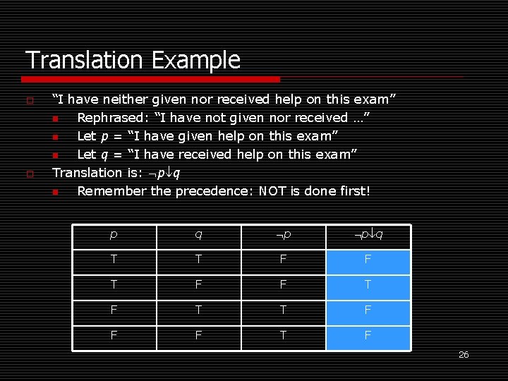 Translation Example o o “I have neither given nor received help on this exam”