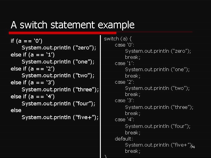 A switch statement example if (a == ‘ 0’) System. out. println else if