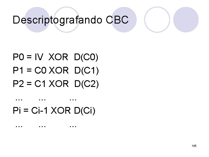 Descriptografando CBC P 0 = IV XOR D(C 0) P 1 = C 0 Descriptografando CBC P 0 = IV XOR D(C 0) P 1 = C 0