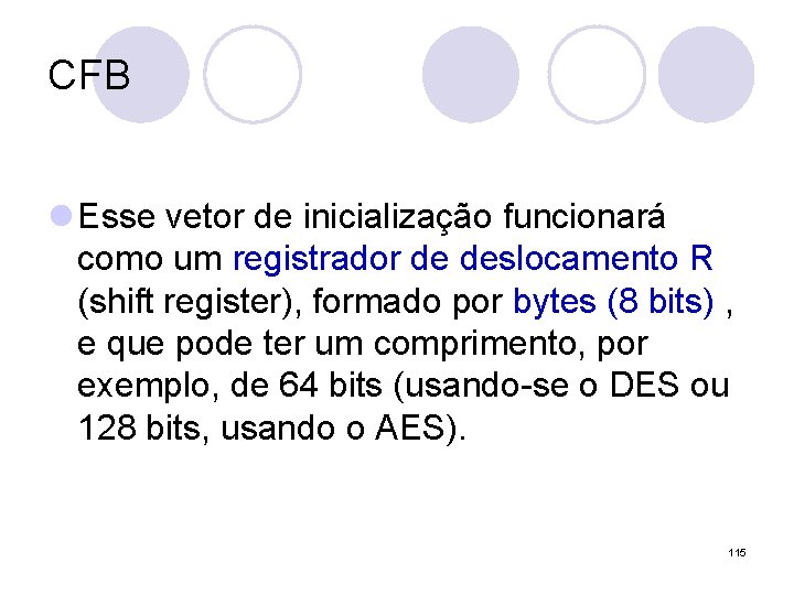 CFB l Esse vetor de inicialização funcionará como um registrador de deslocamento R (shift