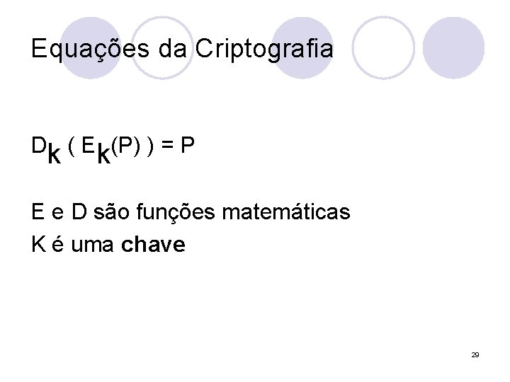 Equações da Criptografia Dk ( Ek(P) ) = P E e D são funções Equações da Criptografia Dk ( Ek(P) ) = P E e D são funções