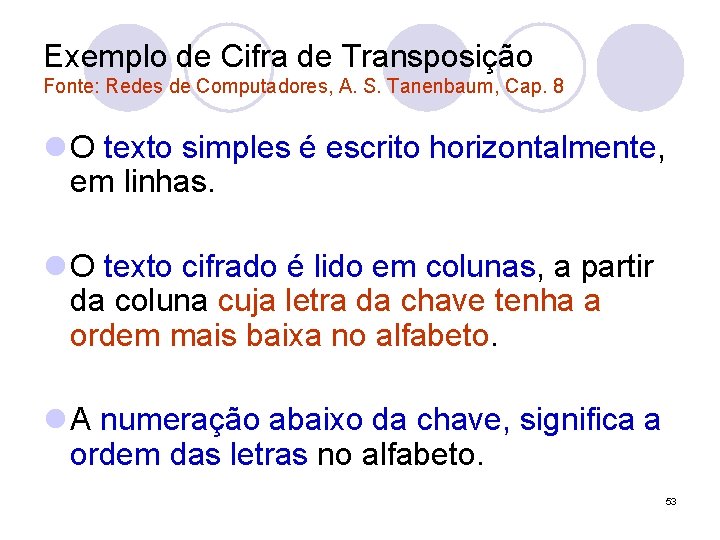 Exemplo de Cifra de Transposição Fonte: Redes de Computadores, A. S. Tanenbaum, Cap. 8 Exemplo de Cifra de Transposição Fonte: Redes de Computadores, A. S. Tanenbaum, Cap. 8