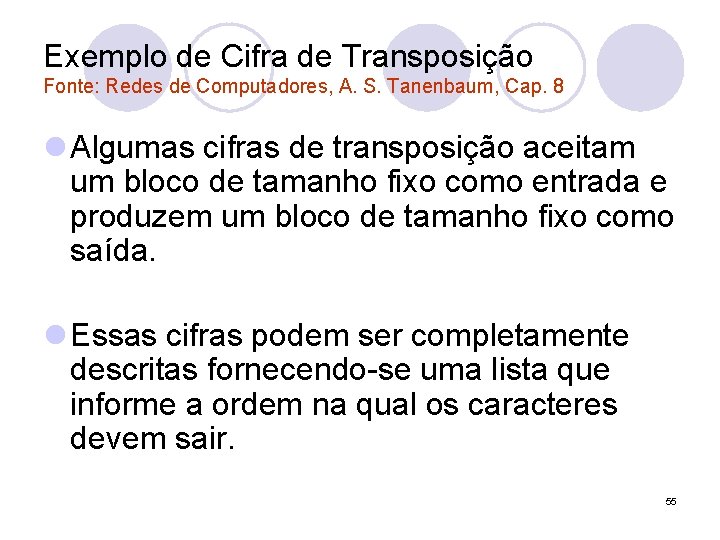 Exemplo de Cifra de Transposição Fonte: Redes de Computadores, A. S. Tanenbaum, Cap. 8