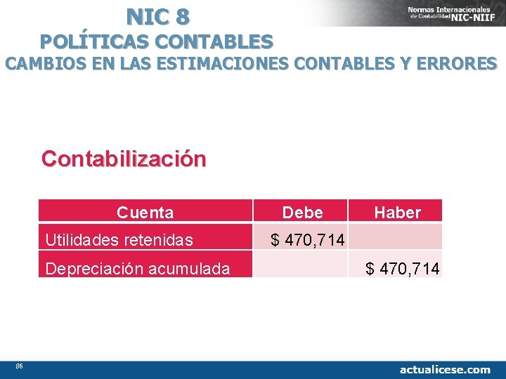 NIC 8 POLÍTICAS CONTABLES CAMBIOS EN LAS ESTIMACIONES CONTABLES Y ERRORES Contabilización Cuenta Utilidades