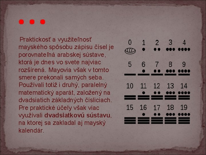 . . . Praktickosť a využiteľnosť mayského spôsobu zápisu čísel je porovnateľná arabskej sústave,