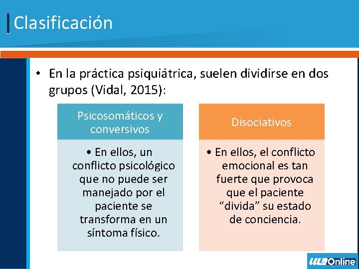 Clasificación • En la práctica psiquiátrica, suelen dividirse en dos grupos (Vidal, 2015): Psicosomáticos