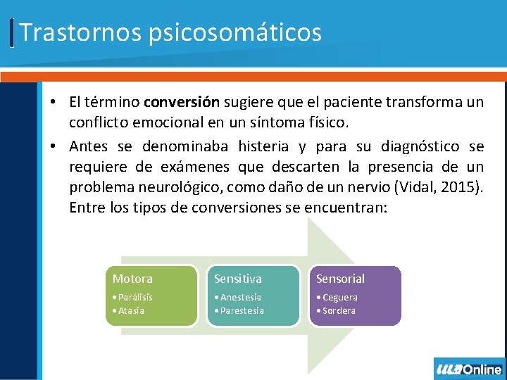 Trastornos psicosomáticos • El término conversión sugiere que el paciente transforma un conflicto emocional