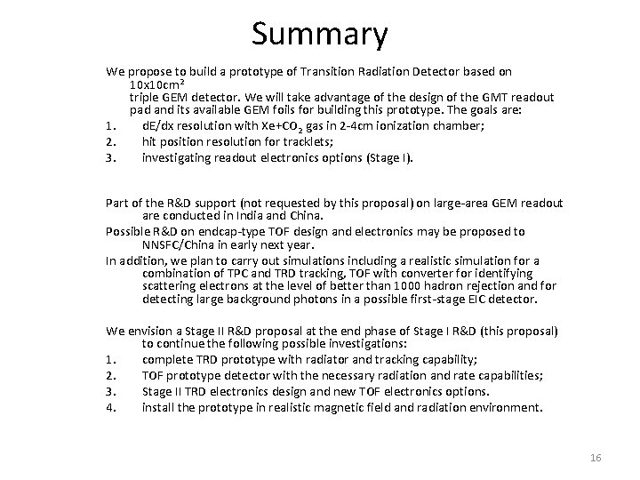Summary We propose to build a prototype of Transition Radiation Detector based on 10 Summary We propose to build a prototype of Transition Radiation Detector based on 10