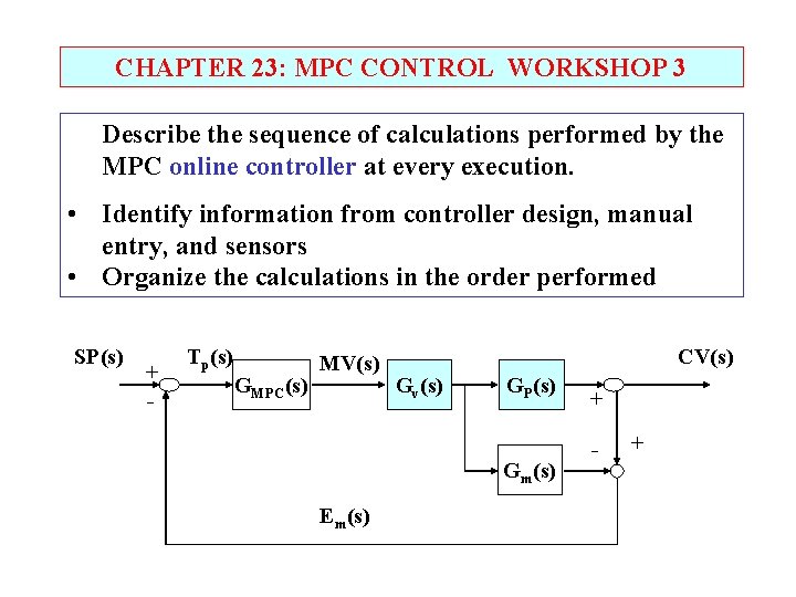 CHAPTER 23: MPC CONTROL WORKSHOP 3 Describe the sequence of calculations performed by the