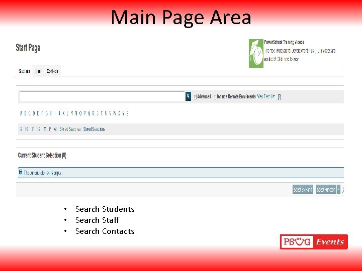 Main Page Area • Search Students • Search Staff • Search Contacts 