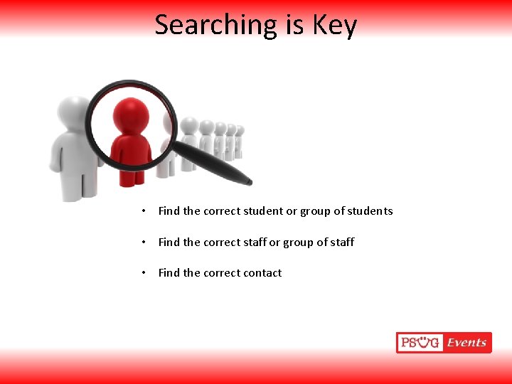 Searching is Key • Find the correct student or group of students • Find