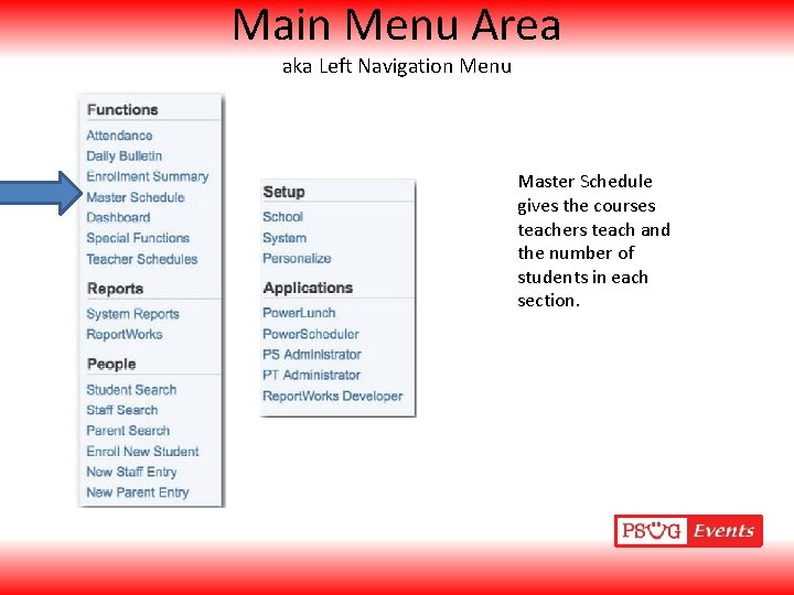 Main Menu Area aka Left Navigation Menu Master Schedule gives the courses teachers teach