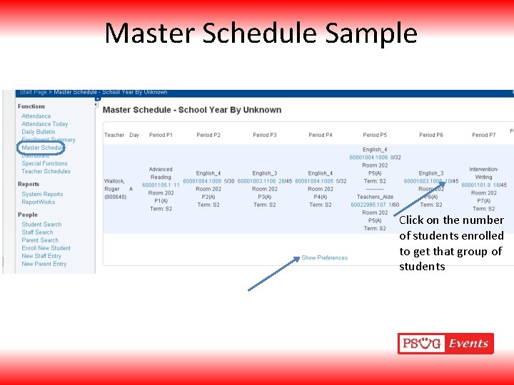 Master Schedule Sample Click on the number of students enrolled to get that group