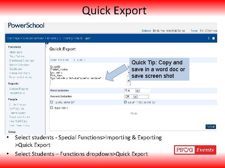 Quick Export Quick Tip: Copy and save in a word doc or save screen