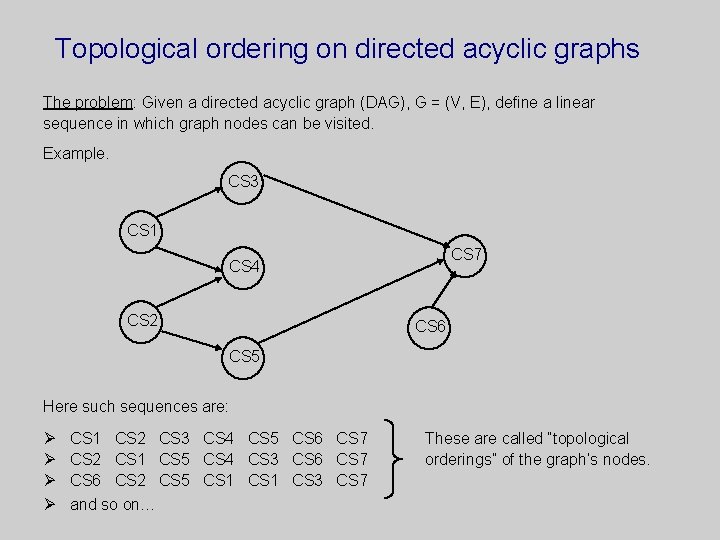 Topological ordering on directed acyclic graphs The problem: Given a directed acyclic graph (DAG),