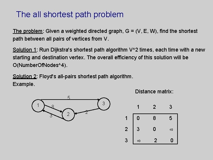 The all shortest path problem The problem: Given a weighted directed graph, G =