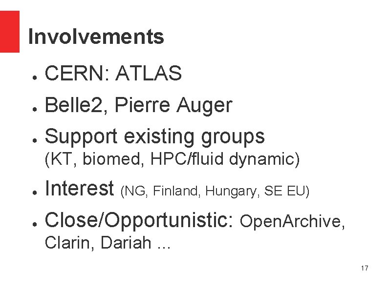 Involvements ● CERN: ATLAS ● Belle 2, Pierre Auger ● Support existing groups (KT,