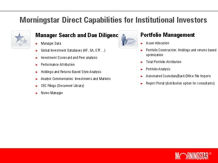 Morningstar Direct Capabilities for Institutional Investors Manager Search and Due Diligence Portfolio Management ×